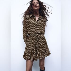 Zara Womens Black Gold Brown Retro Geo Print Button Down Skater Mini Dress sz M